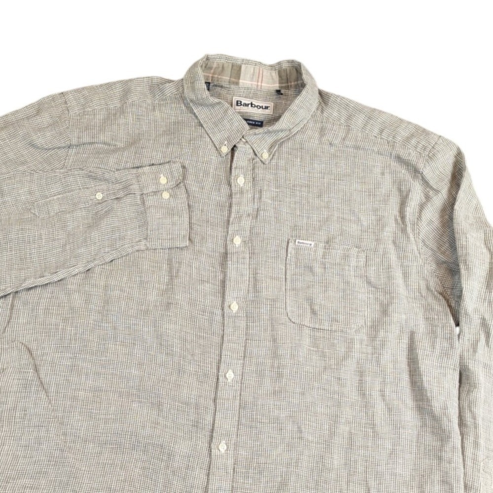 Barbour Mens XXL Tailored Fit 100% Linen Micro Check Button Down Olive Green